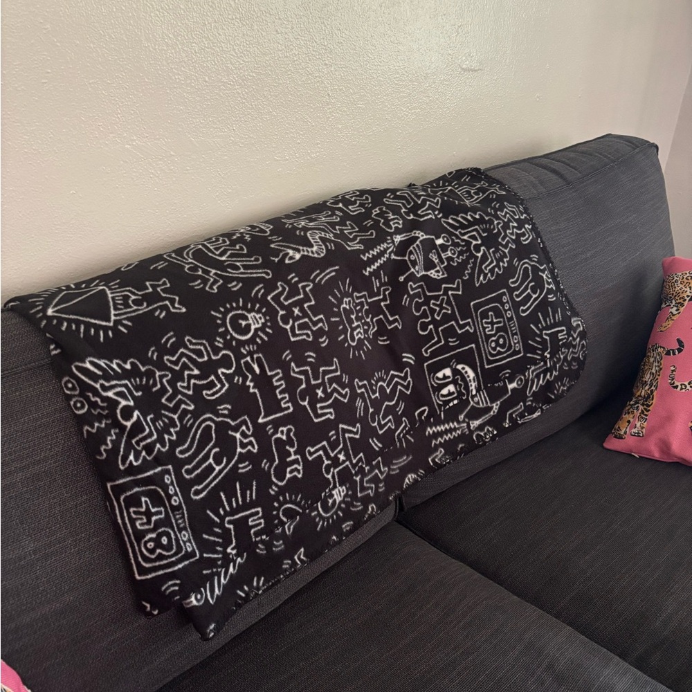 Slowtide - Keith Haring Pattern Black Fleece Throw Blanket (60”)
